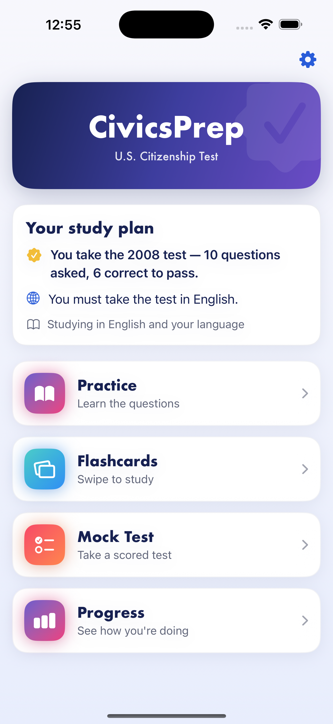 CivicsPrep home screen